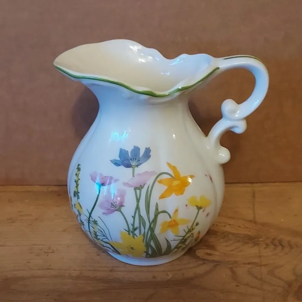 Floral Pitcher White with flowers Vintage green trim